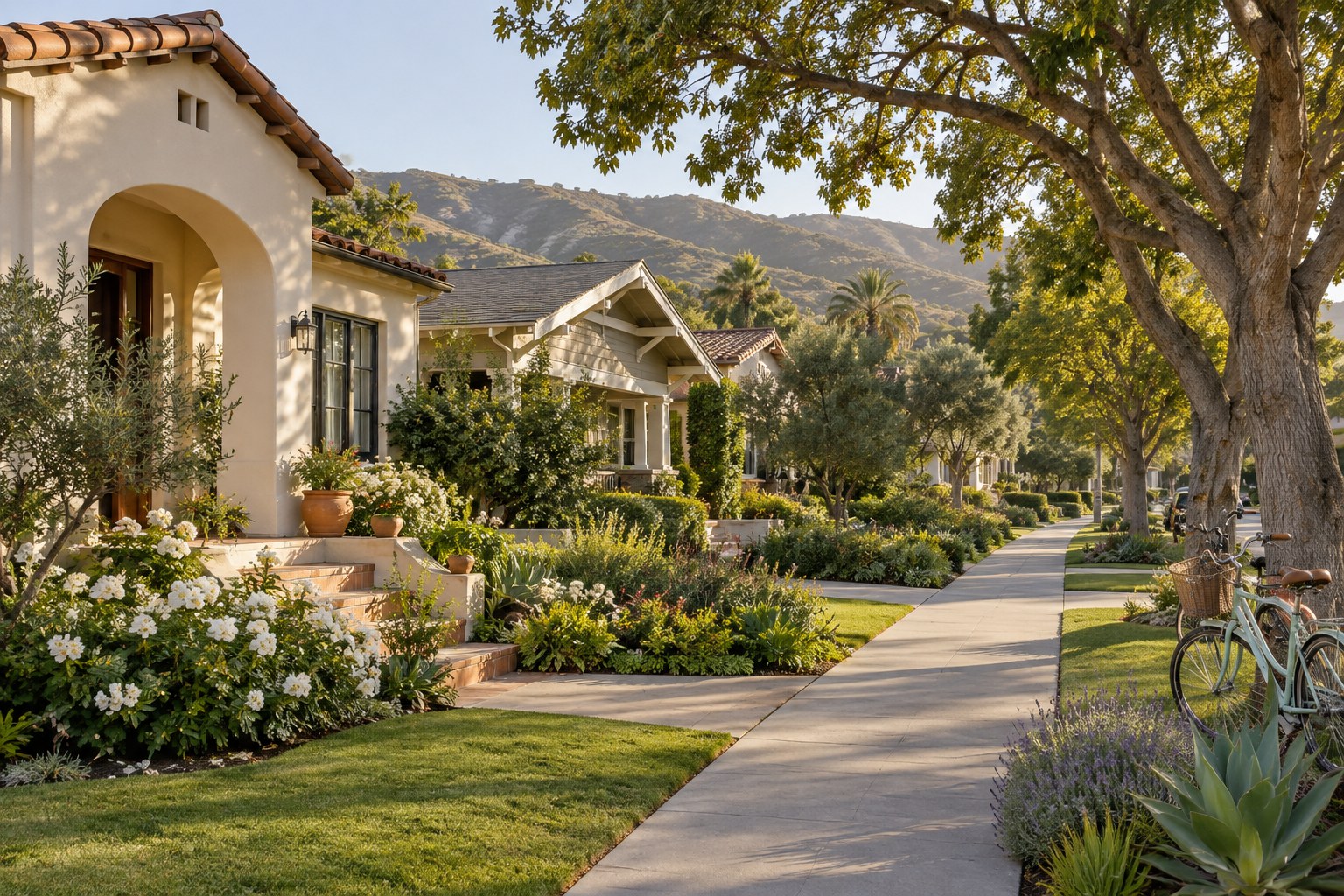 A quiet South Orange County street with landscaped homes, illustrative