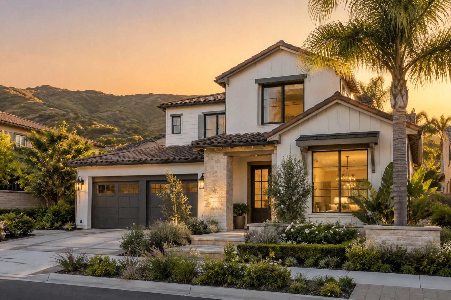 A South Orange County, California home with landscaping in soft evening light, illustrative