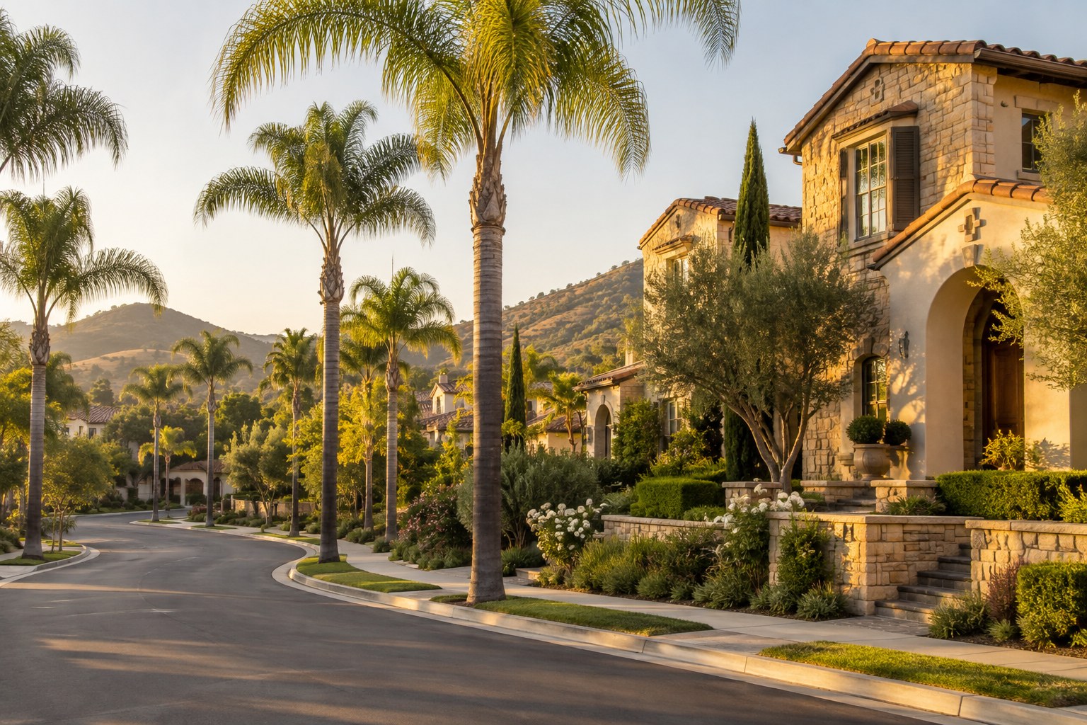 A South Orange County street with landscaped homes, illustrative