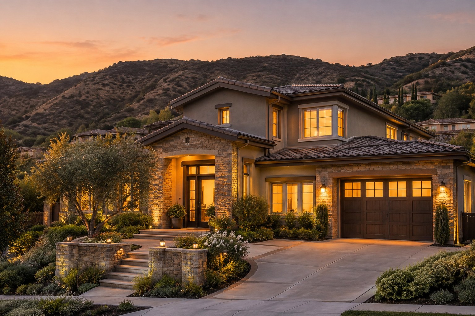 A South Orange County home at dusk, illustrative