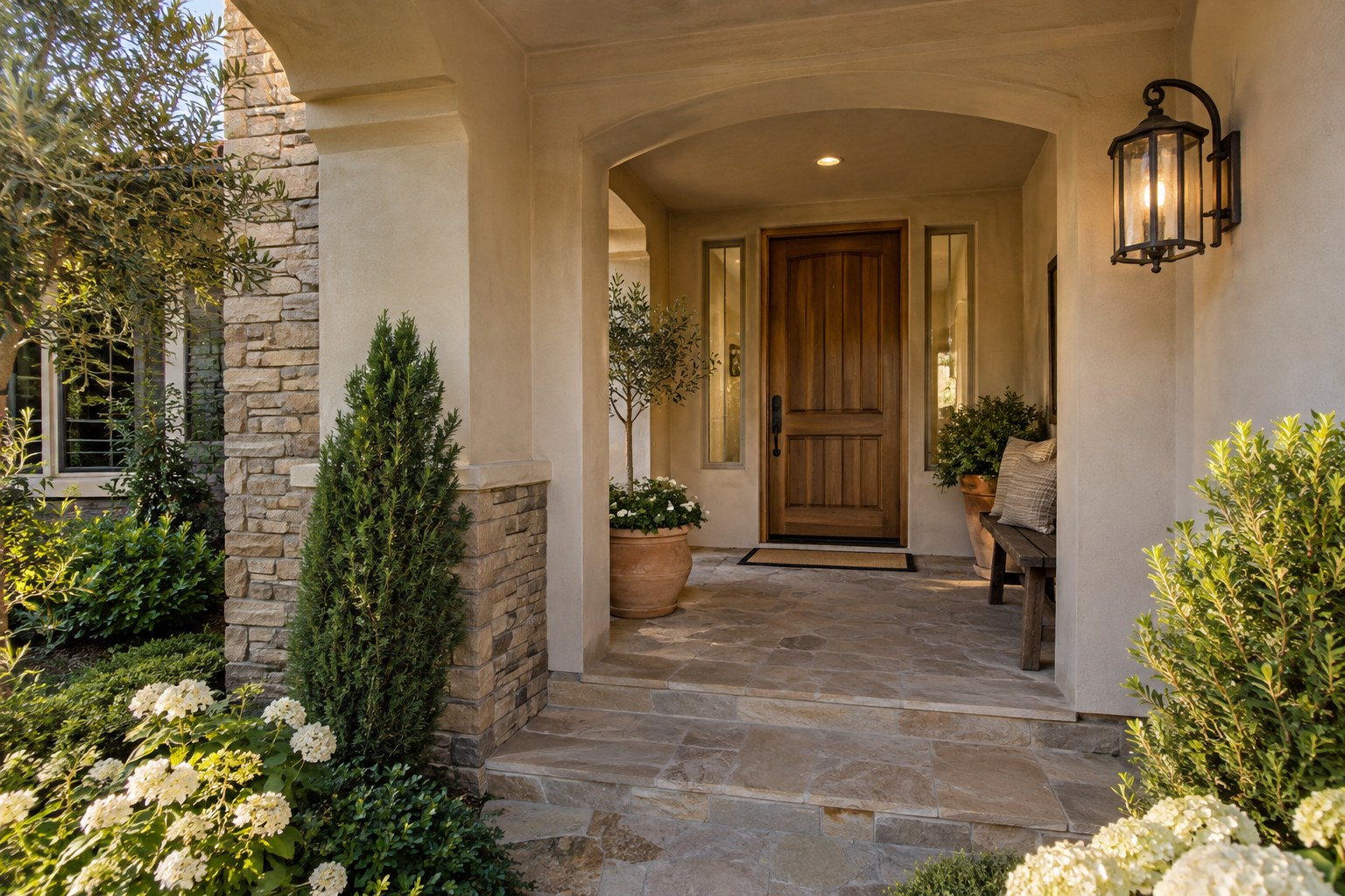 A covered front entry of a California home, illustrative